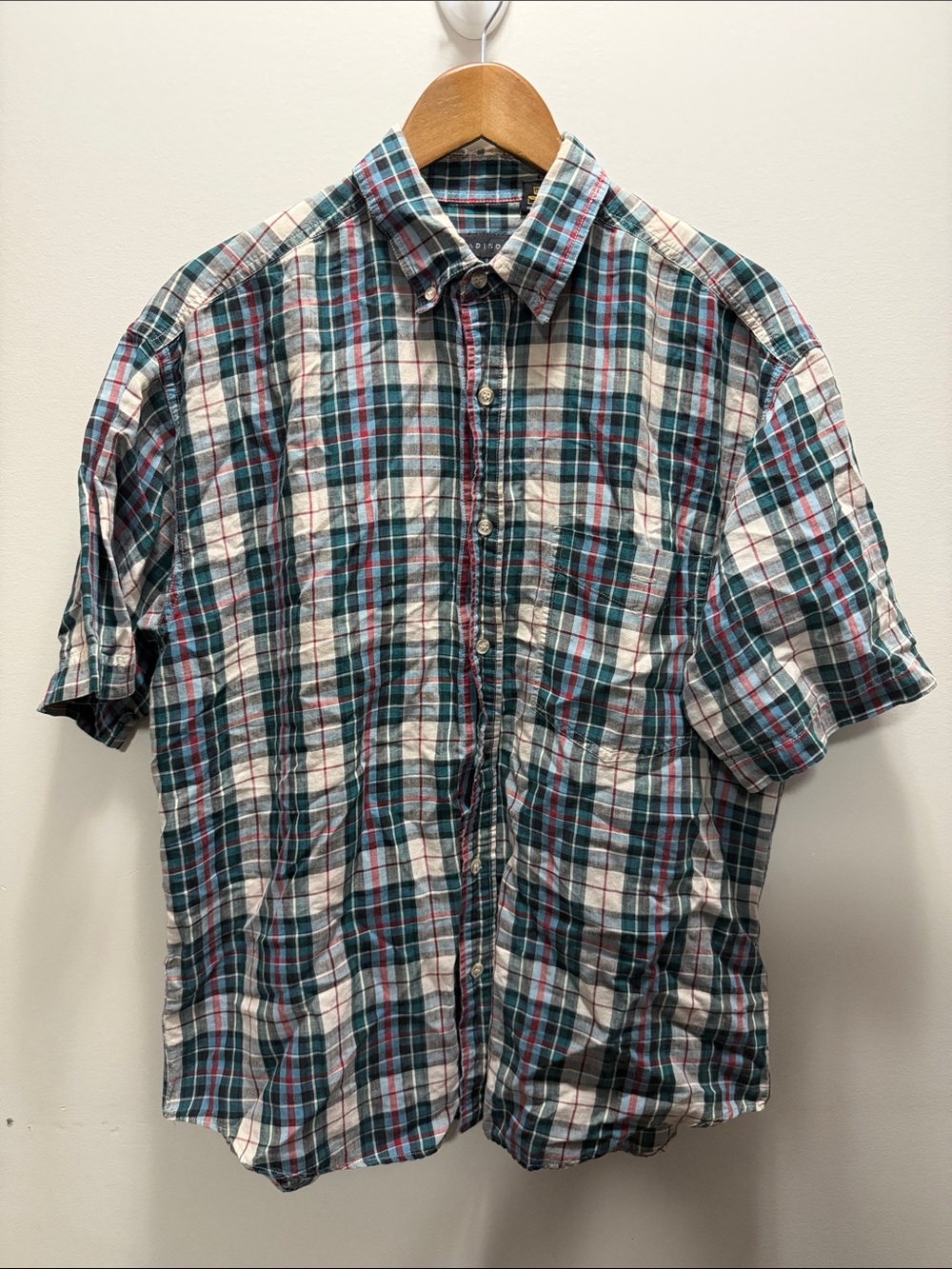 Vintage 80s -90s Madison Short-Sleeve Plaid Button-Down Shirt  Size L 28x26